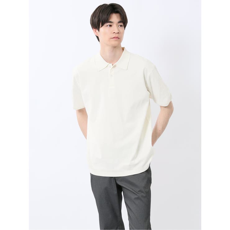 02アイボリー | ストレッチ ニット衿 半袖ポロシャツ | TAKA-Q MEN