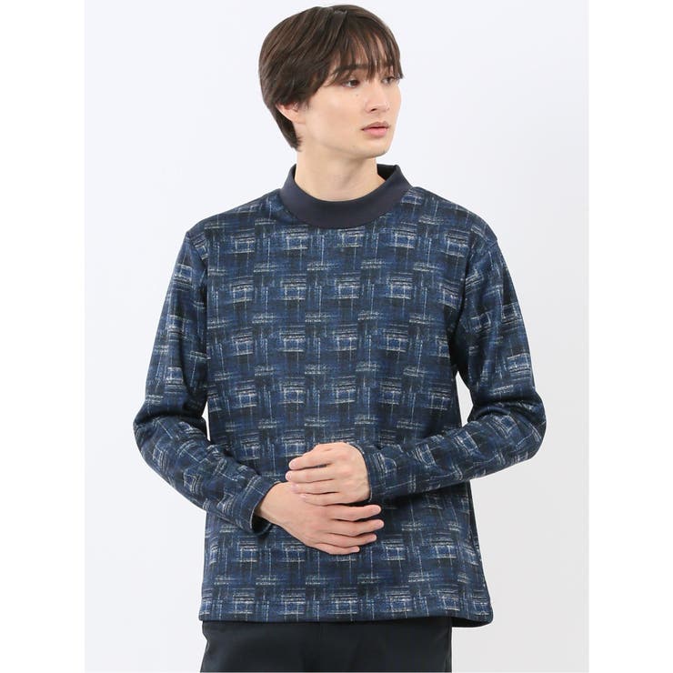 75紺 | 裏起毛チェック モックネック長袖Tシャツ | TAKA-Q MEN