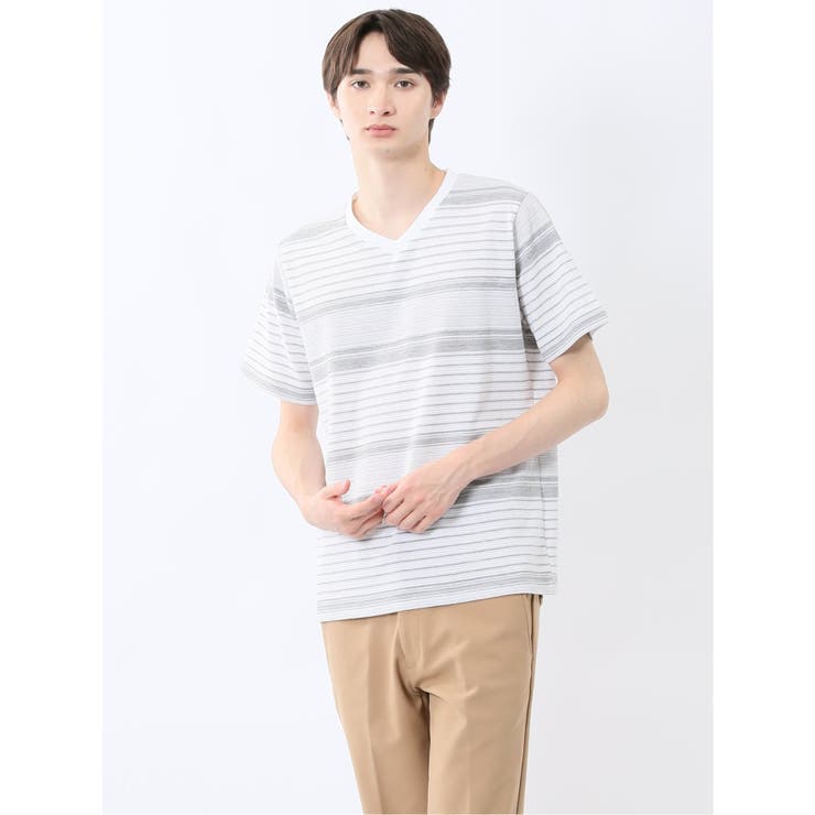 06グレー | ポップコーンボーダー Vネック半袖Tシャツ | TAKA-Q MEN