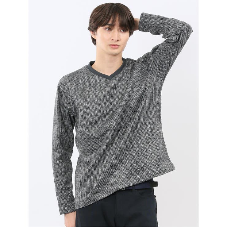 06グレー | 裏起毛ヘリンボン 浅Vネック長袖Tシャツ | TAKA-Q MEN
