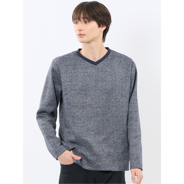 75紺 | 裏起毛ヘリンボン 浅Vネック長袖Tシャツ | TAKA-Q MEN