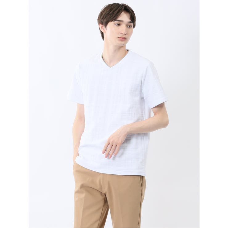 01白 | シャドーチェック Vネック半袖Tシャツ | TAKA-Q MEN