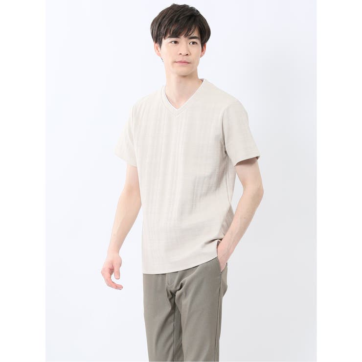 33ベージュ | シャドーチェック Vネック半袖Tシャツ | TAKA-Q MEN