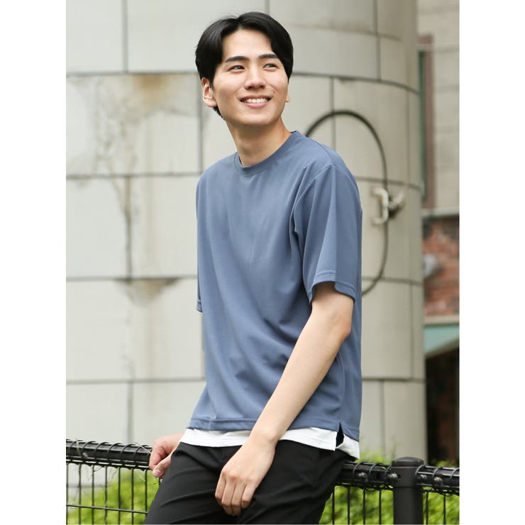 73サックス | kaule 裾フェイクレイヤード クルーネック半袖Ｔシャツ | TAKA-Q MEN