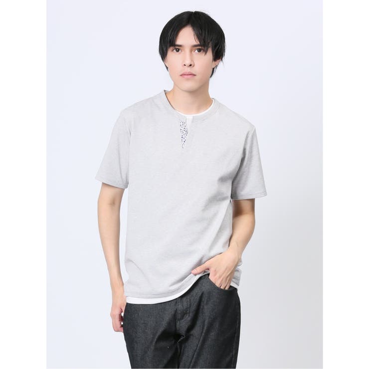 メランジジャージー フェイクキーネック半袖Tシャツ | TAKA-Q MEN | 詳細画像1 