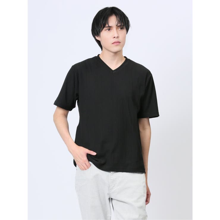 リンクスジャガード Vネック半袖Tシャツ[品番：TKQJ0022360