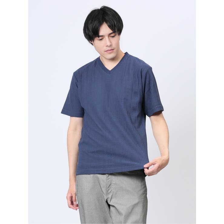 リンクスジャガード Vネック半袖Tシャツ[品番：TKQJ0022360