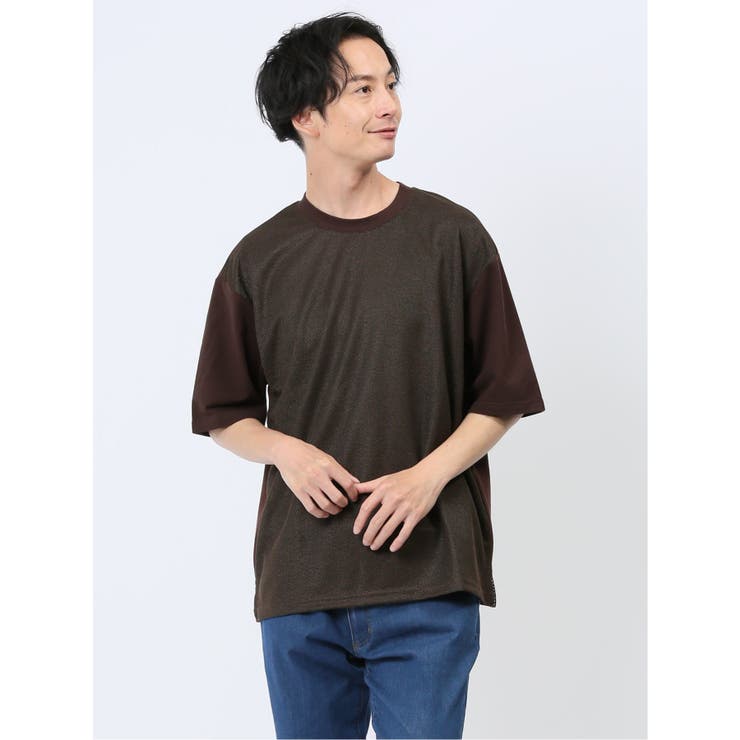 30茶 | ドビーメッシュ切替 クルーネック半袖Tシャツ | TAKA-Q MEN