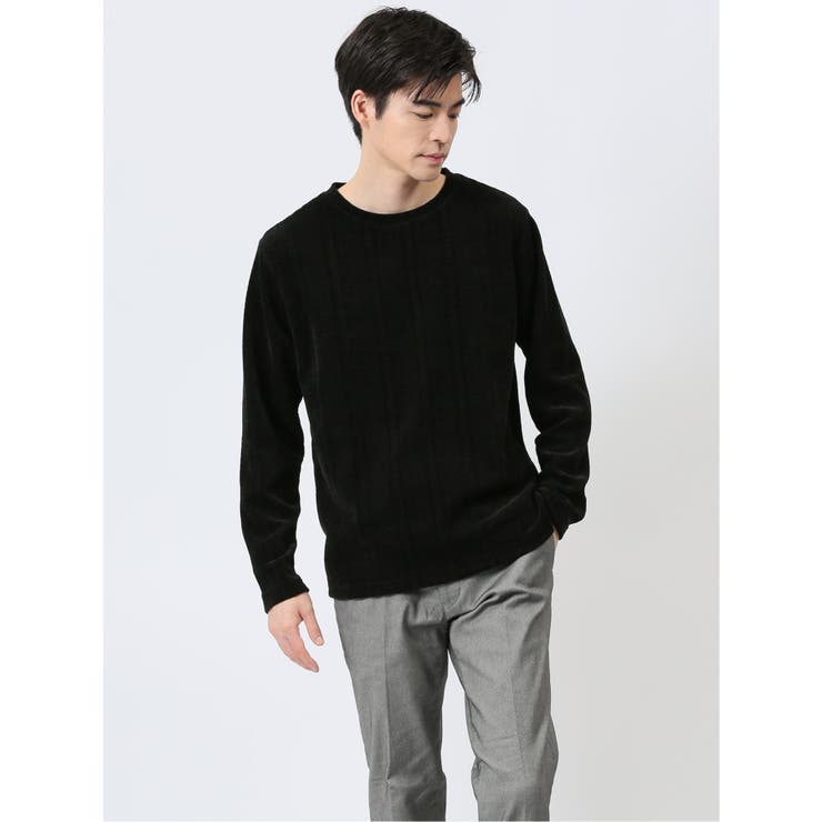 05黒 | ジャガードモール クルーネック長袖Tシャツ | TAKA-Q MEN