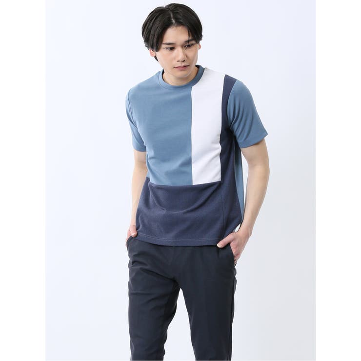 70青 | 異素材切替 クルーネック半袖Tシャツ | TAKA-Q MEN
