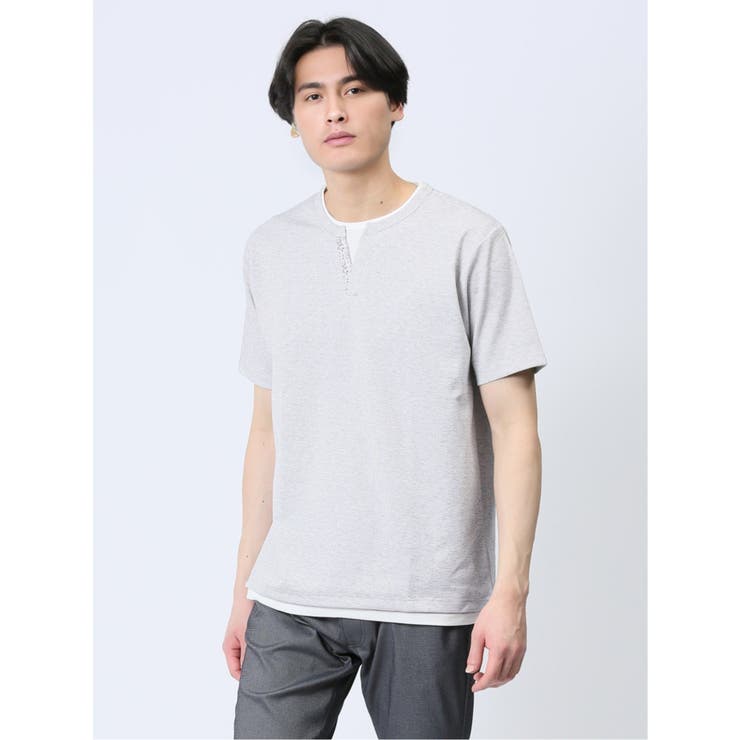 01白 | さまになる フェイクレイヤード キーネック半袖Tシャツ | TAKA-Q MEN