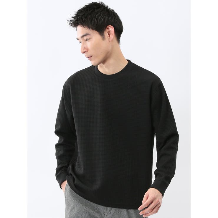 05黒 | ブロックジャガード クルーネック長袖Tシャツ | TAKA-Q MEN