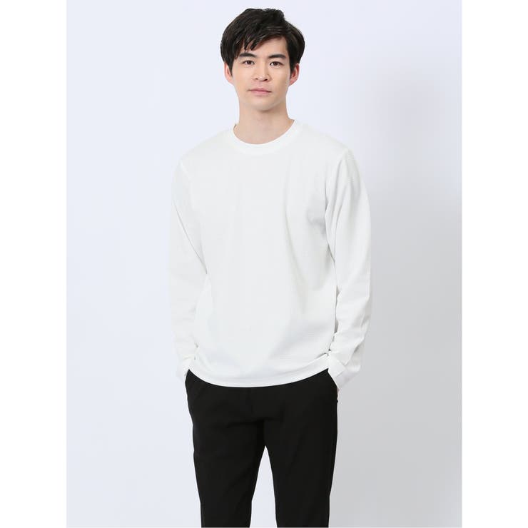 01白 | ふくれチェックジャガード クルーネック長袖Tシャツ | TAKA-Q MEN