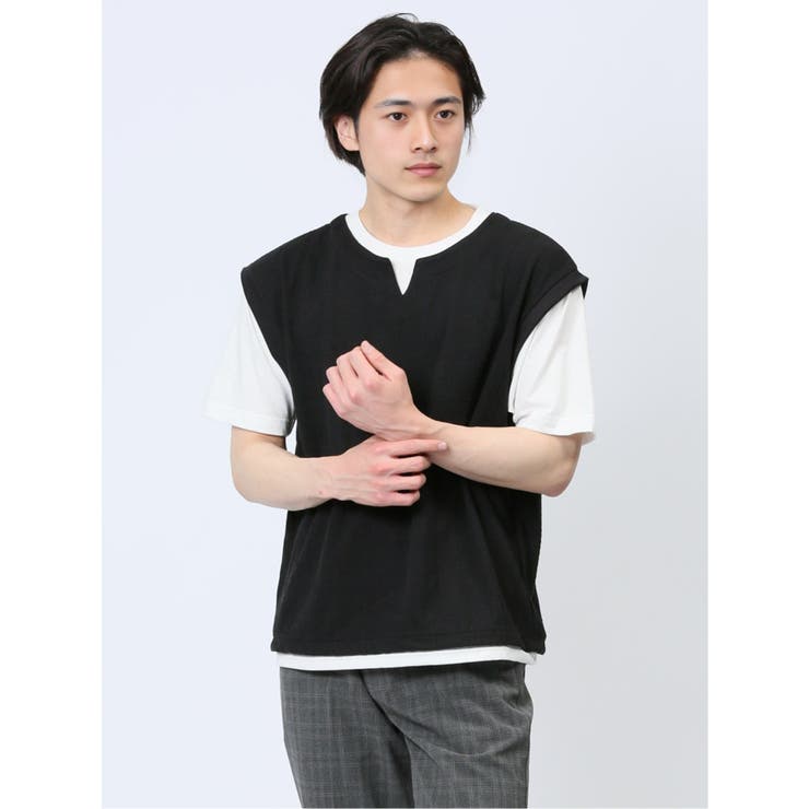 さまになる フェイクレイヤード キーネック半袖Tシャツ | TAKA-Q MEN | 詳細画像1 