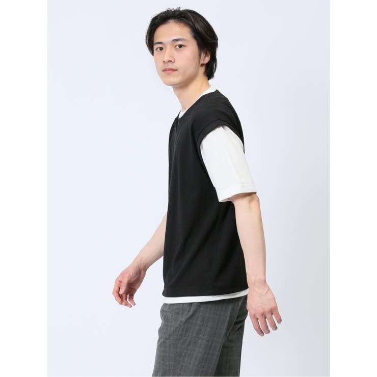 美品　Takeshi Kanda　定番人気　半袖　キーネック　トップス　すっきり さまになる フェイクレイヤード キーネック半袖Tシャツ[品番