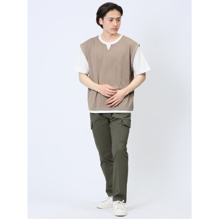 さまになる フェイクレイヤード キーネック半袖Tシャツ[品番