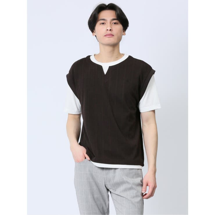フェイクレイヤード Tシャツ キーネック 半袖 韓国 2色 hr9648 さまになる フェイクレイヤード キーネック半袖Tシャツ[品番