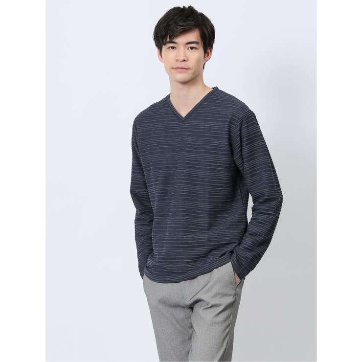 75紺 | タックジャガード Vネック長袖Tシャツ | TAKA-Q MEN