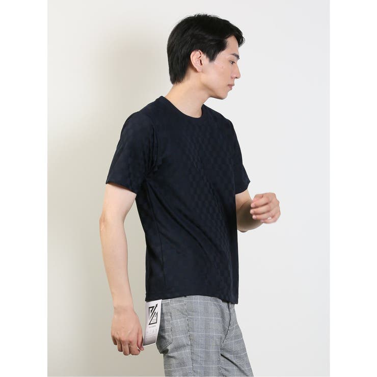 リンクスジャガード 市松柄 クルーネック半袖Tシャツ[品番