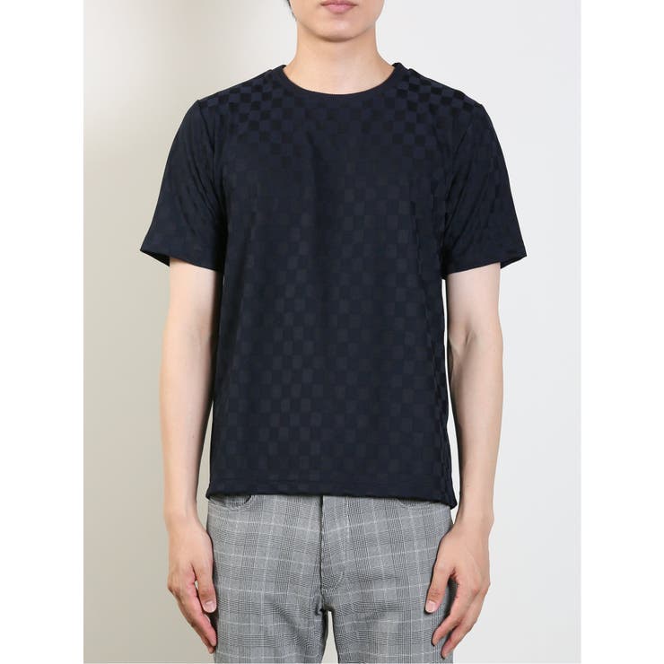 リンクスジャガード 市松柄 クルーネック半袖Tシャツ[品番