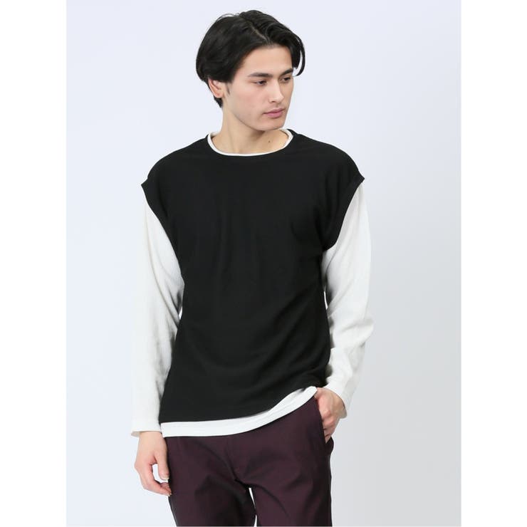 05黒 | さまになる フェイクレイヤード クルーネック長袖Tシャツ | TAKA-Q MEN