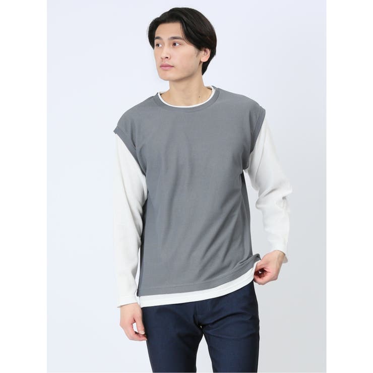 74ダルブルー | さまになる フェイクレイヤード クルーネック長袖Tシャツ | TAKA-Q MEN