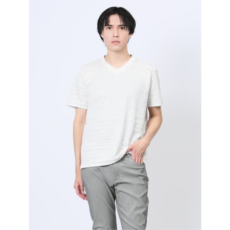 メッシュボーダー フェイクVネック半袖Tシャツ | TAKA-Q MEN | 詳細画像1 