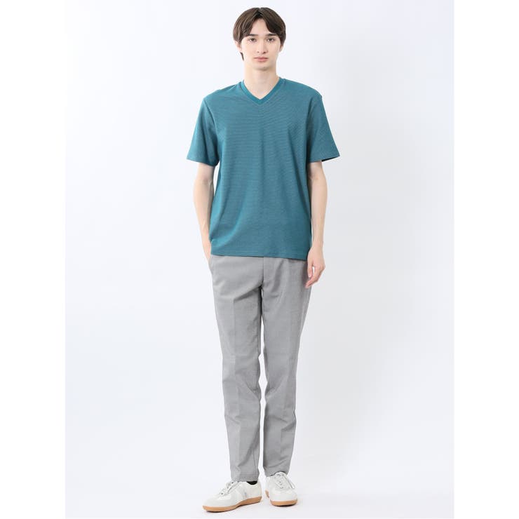 メランジ 裏ボーダー Vネック半袖Tシャツ[品番：TKQJ0025349