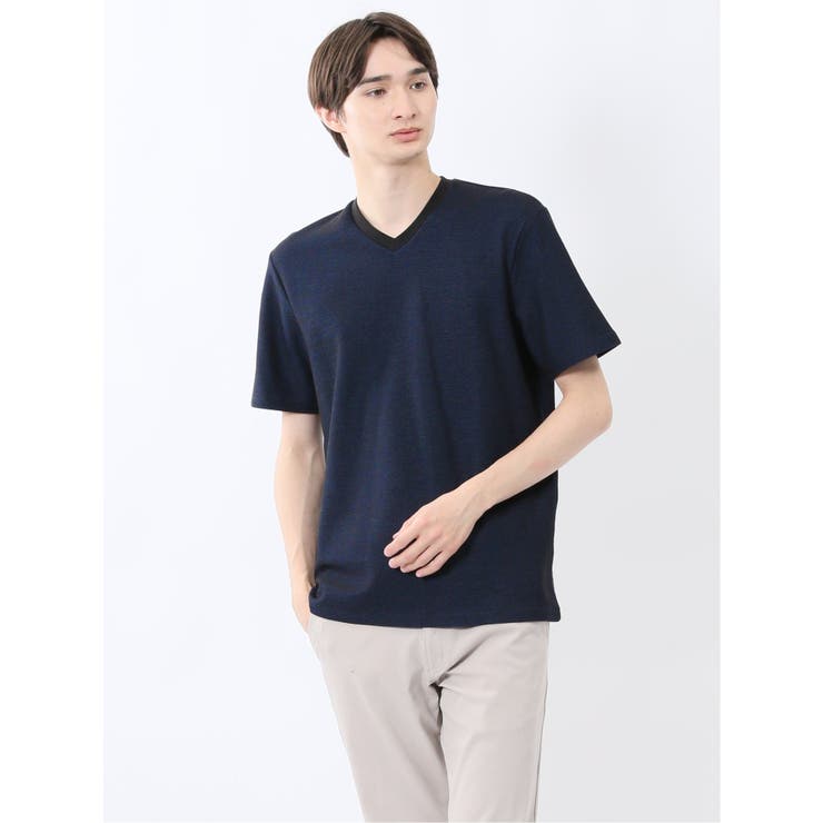 メランジ 裏ボーダー Vネック半袖Tシャツ[品番：TKQJ0025349