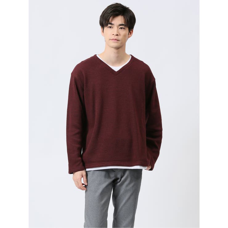 15ワイン | スラブ裏起毛 Vネック長袖Tシャツ | TAKA-Q MEN