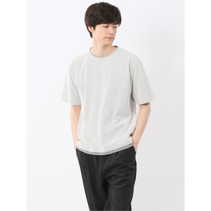 格子柄ジャガード クルーネック半袖Tシャツ | TAKA-Q MEN | 詳細画像1 