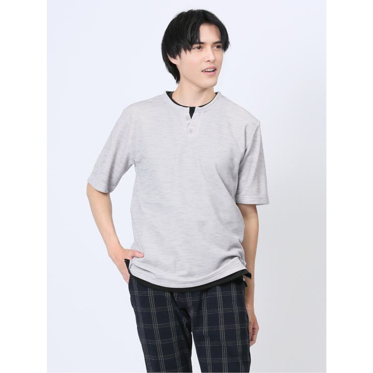 01白 | 杢スラブ フェイクヘンリーネック半袖Tシャツ | TAKA-Q MEN
