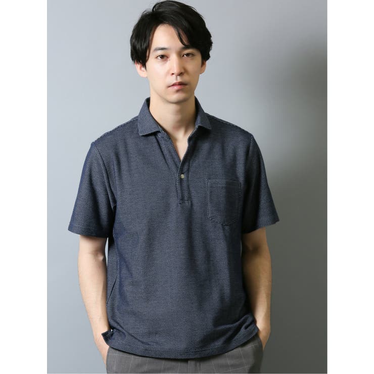 75紺 | ハニカム鹿の子 スキッパー半袖ポロシャツ | TAKA-Q MEN