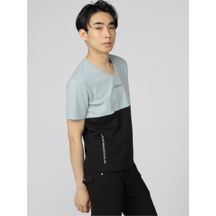 バイカラー切替 Vネック半袖Tシャツ[品番：TKQJ0015365]｜TAKA-Q