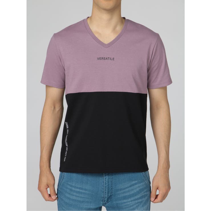 バイカラー切替 Vネック半袖Tシャツ[品番：TKQJ0015365]｜TAKA-Q