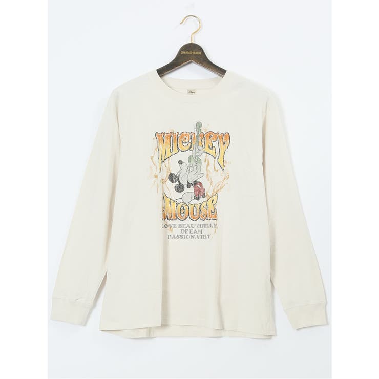 01白 | 【大きいサイズ】ミッキーマウス ピグメント風プリント クルーネック長袖Ｔシャツ | TAKA-Q MEN