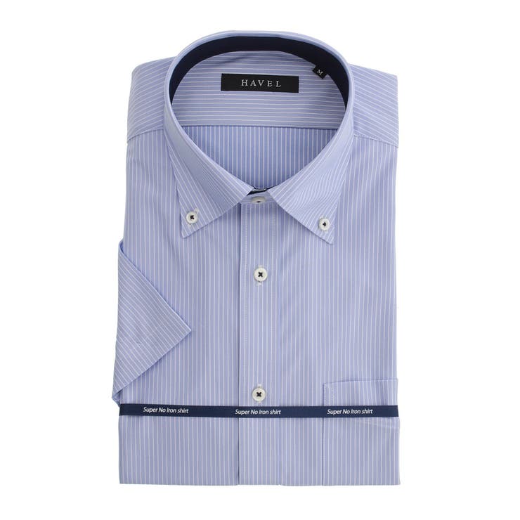 73サックス | ノーアイロンストレッチ レギュラーフィットボタンダウン半袖ニットシャツ | TAKA-Q MEN