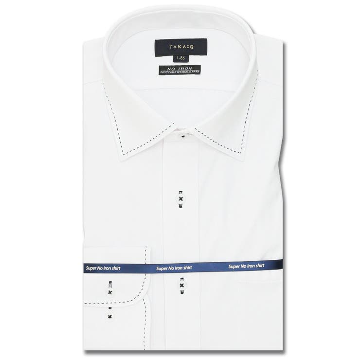 01白 | ノーアイロンストレッチ スタンダードフィット ワイドカラー長袖ニットシャツ | TAKA-Q MEN