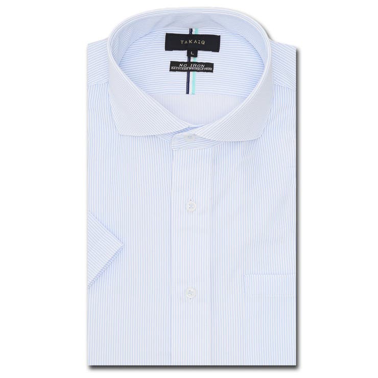 73サックス | ノーアイロンストレッチ スタンダードフィット カッタウェイ半袖ニットシャツ | TAKA-Q MEN