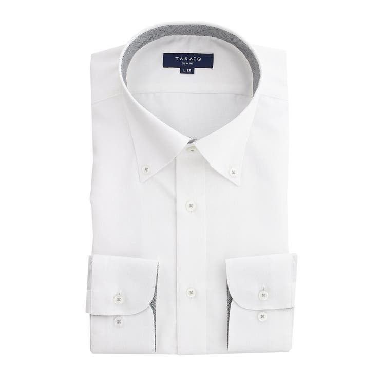 01白 | 形態安定 スリムフィット ボタンダウン長袖シャツ | TAKA-Q MEN