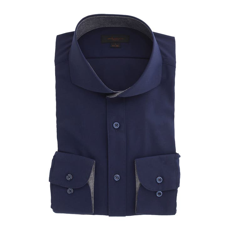 75紺 | ノーアイロンストレッチ スリムフィット カッタウェイ長袖ニットシャツ | TAKA-Q MEN