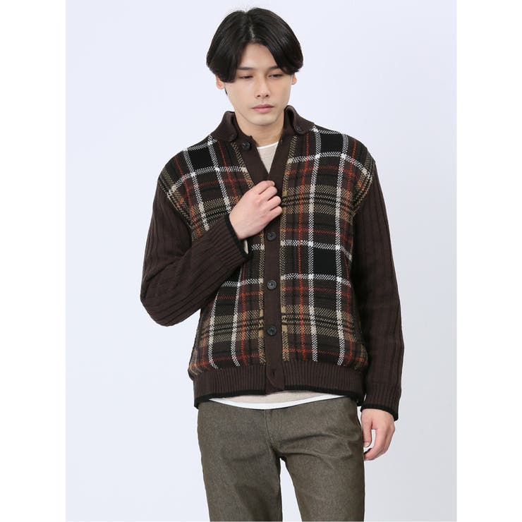 30茶 | 配色チェック柄 ドンキーネックニットアウター | TAKA-Q MEN