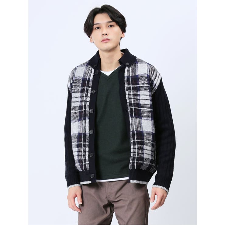 75紺 | 配色チェック柄 ドンキーネックニットアウター | TAKA-Q MEN