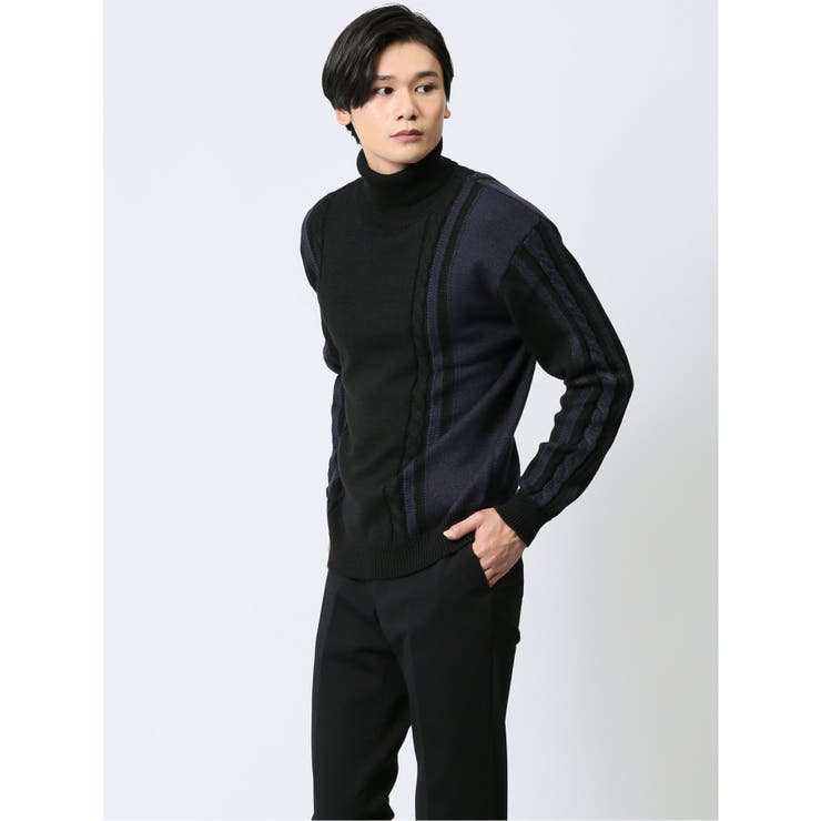 05黒 | 編地切替配色 タートルネックニット | TAKA-Q MEN