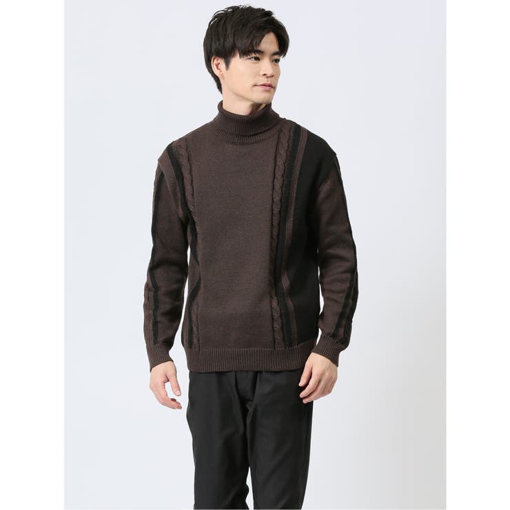 30茶 | 編地切替配色 タートルネックニット | TAKA-Q MEN