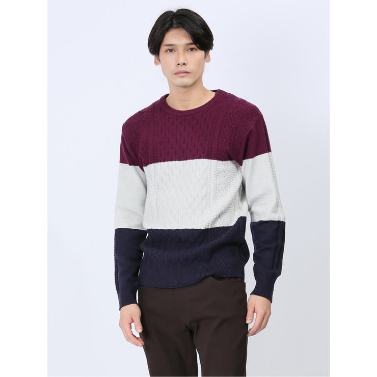 15ワイン | ストレッチウォッシャブル ふわもちケーブル編 クルーニット | TAKA-Q MEN