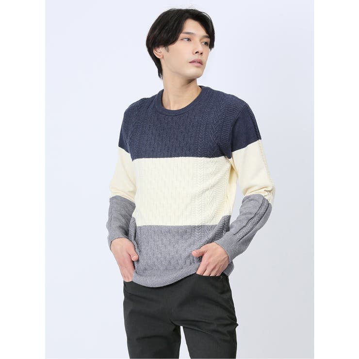 75紺 | ストレッチウォッシャブル ふわもちケーブル編 クルーニット | TAKA-Q MEN