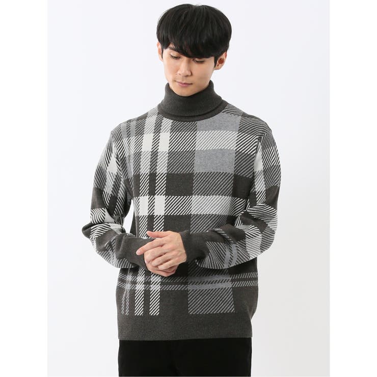 06グレー | ウォッシャブル ストレッチ チェック柄 タートルニット | TAKA-Q MEN