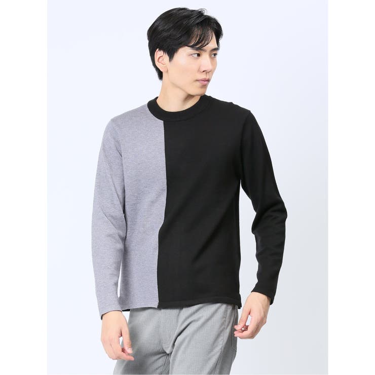 05黒 | クロスストレッチ 配色切替 クルーニット | TAKA-Q MEN