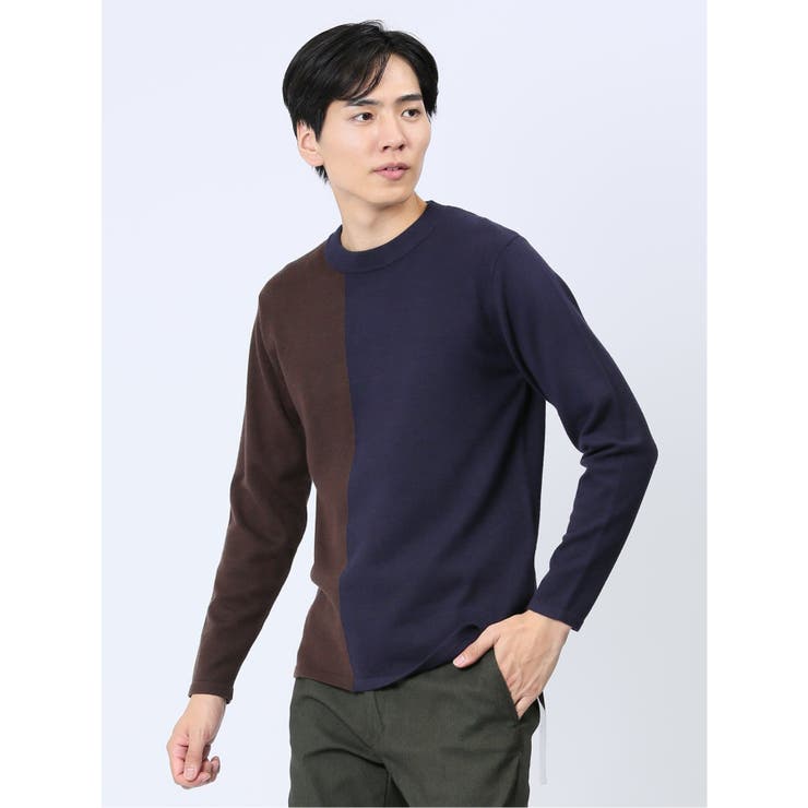 75紺 | クロスストレッチ 配色切替 クルーニット | TAKA-Q MEN